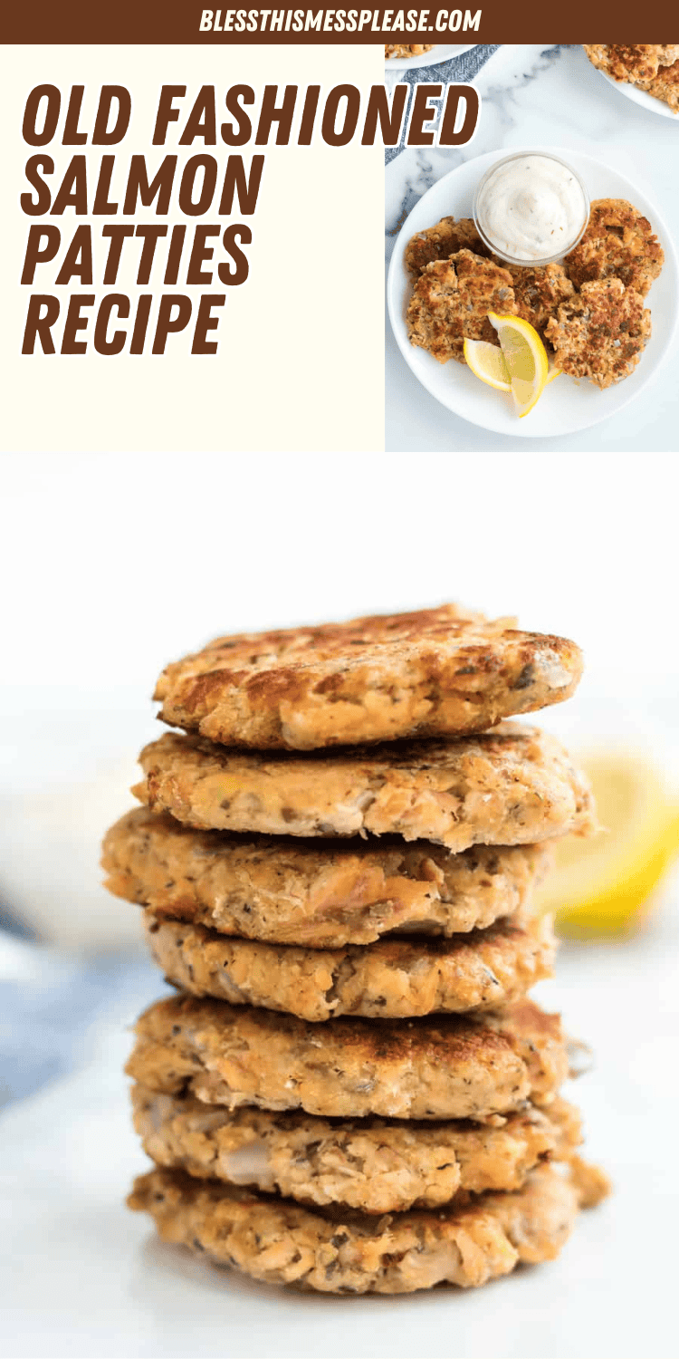 A stack of golden-brown salmon patties takes center stage, showcasing the classic old fashioned salmon patties recipe. In the background, a small plate with extra patties, a lemon wedge, and a bowl of dipping sauce add a delightful touch to this timeless dish.