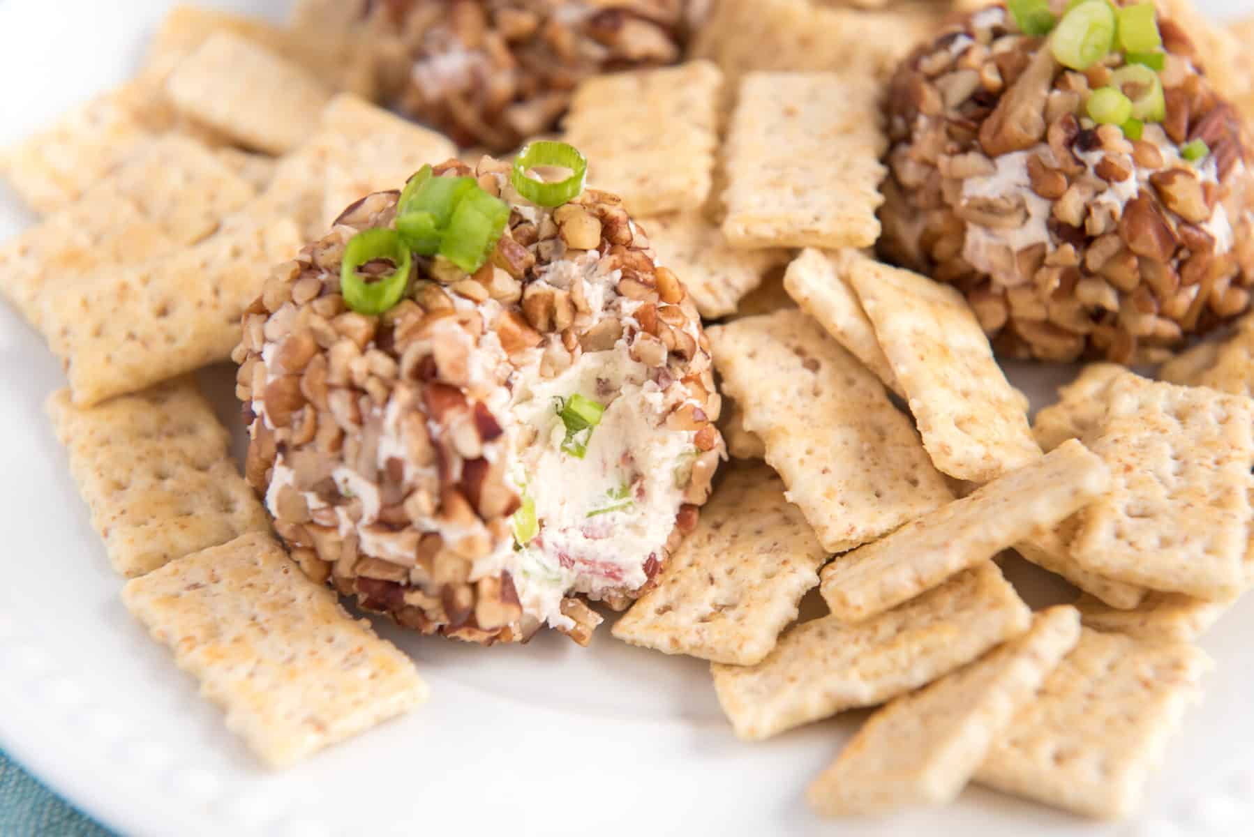 beef and onion cheese ball surrounded by crackers on a white plate.