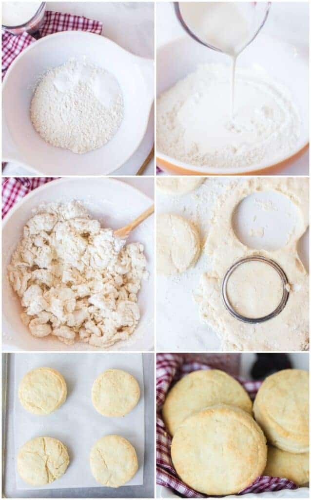collage of 6 photos of cream biscuits