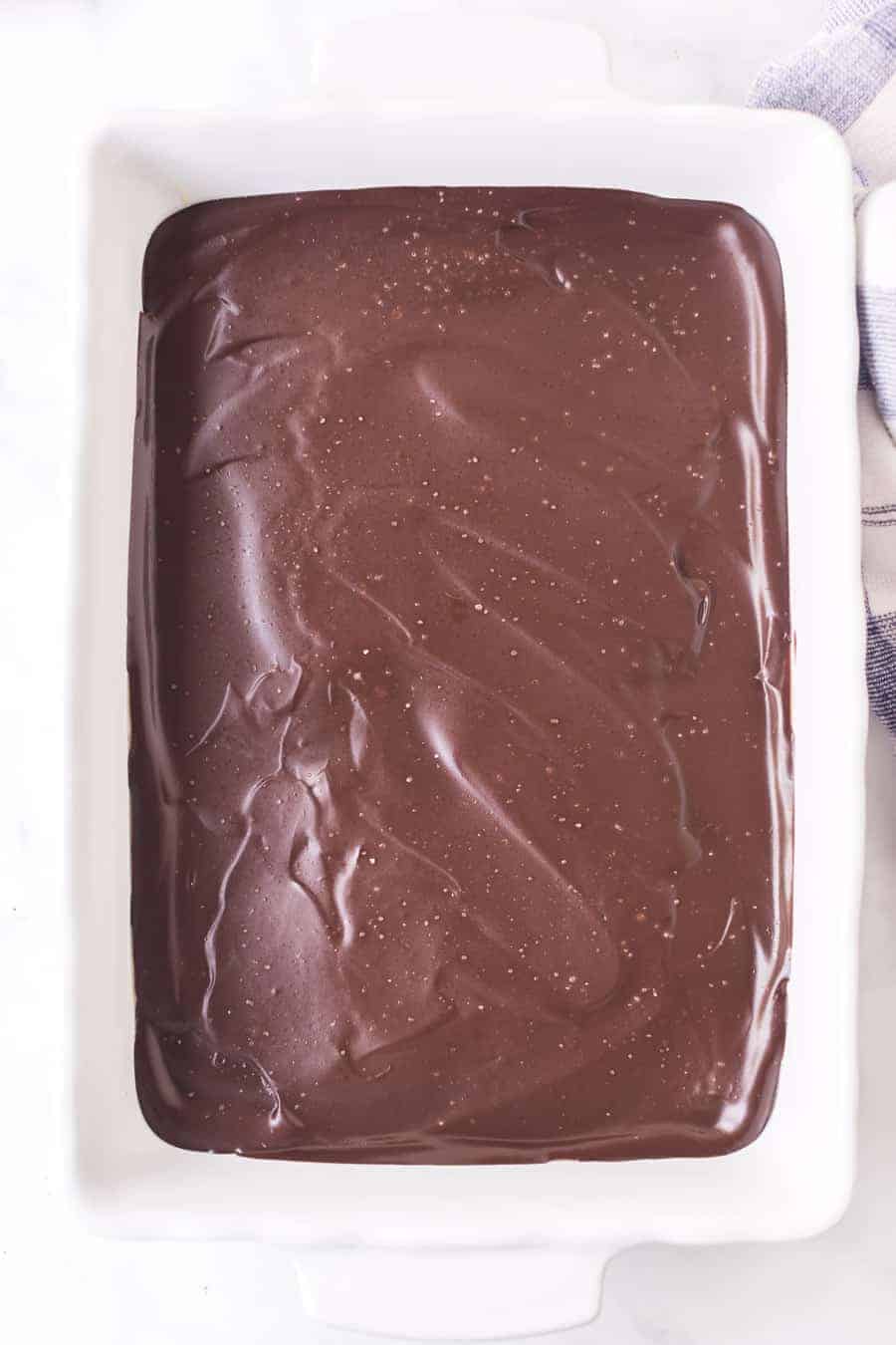 a baking dish of chocolate looking down.
