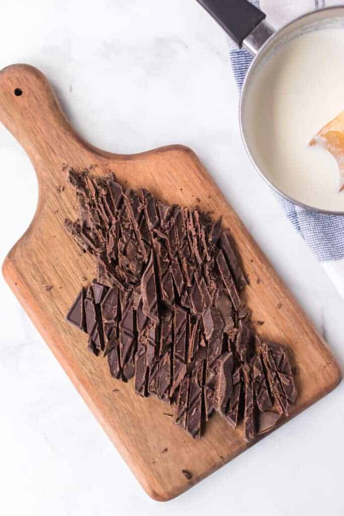 diced up chocolate bits on a cutting board