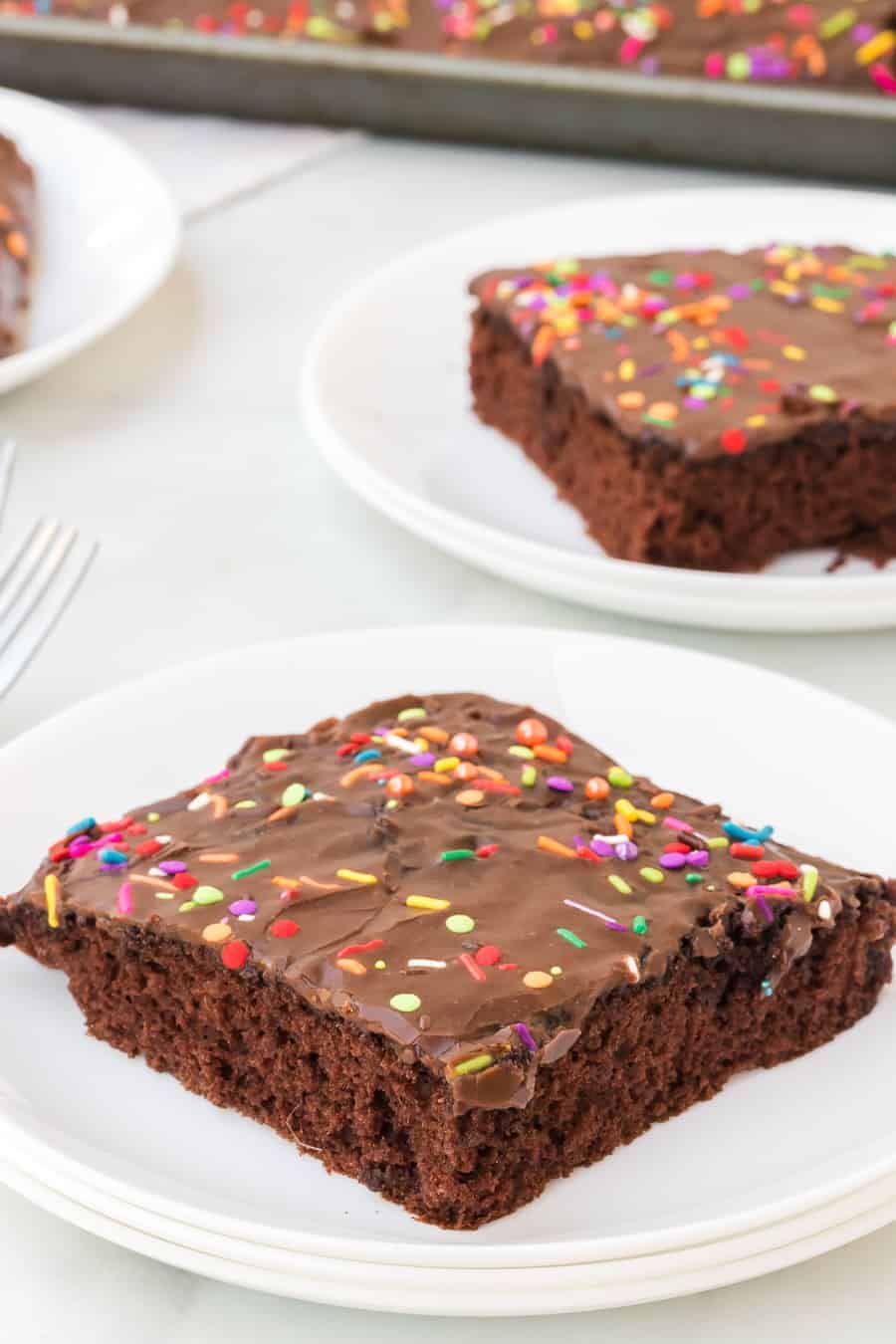 chocolate sheet cake with sprinkles on top on a white plate.