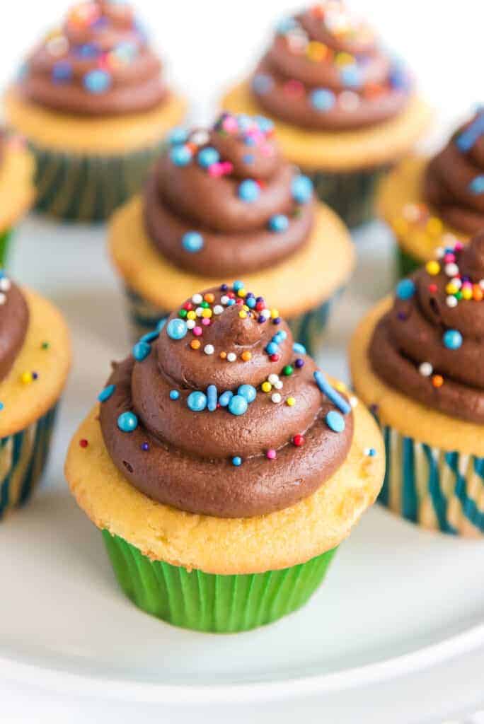 chocolate buttercream icing on cupcakes with sprinkles