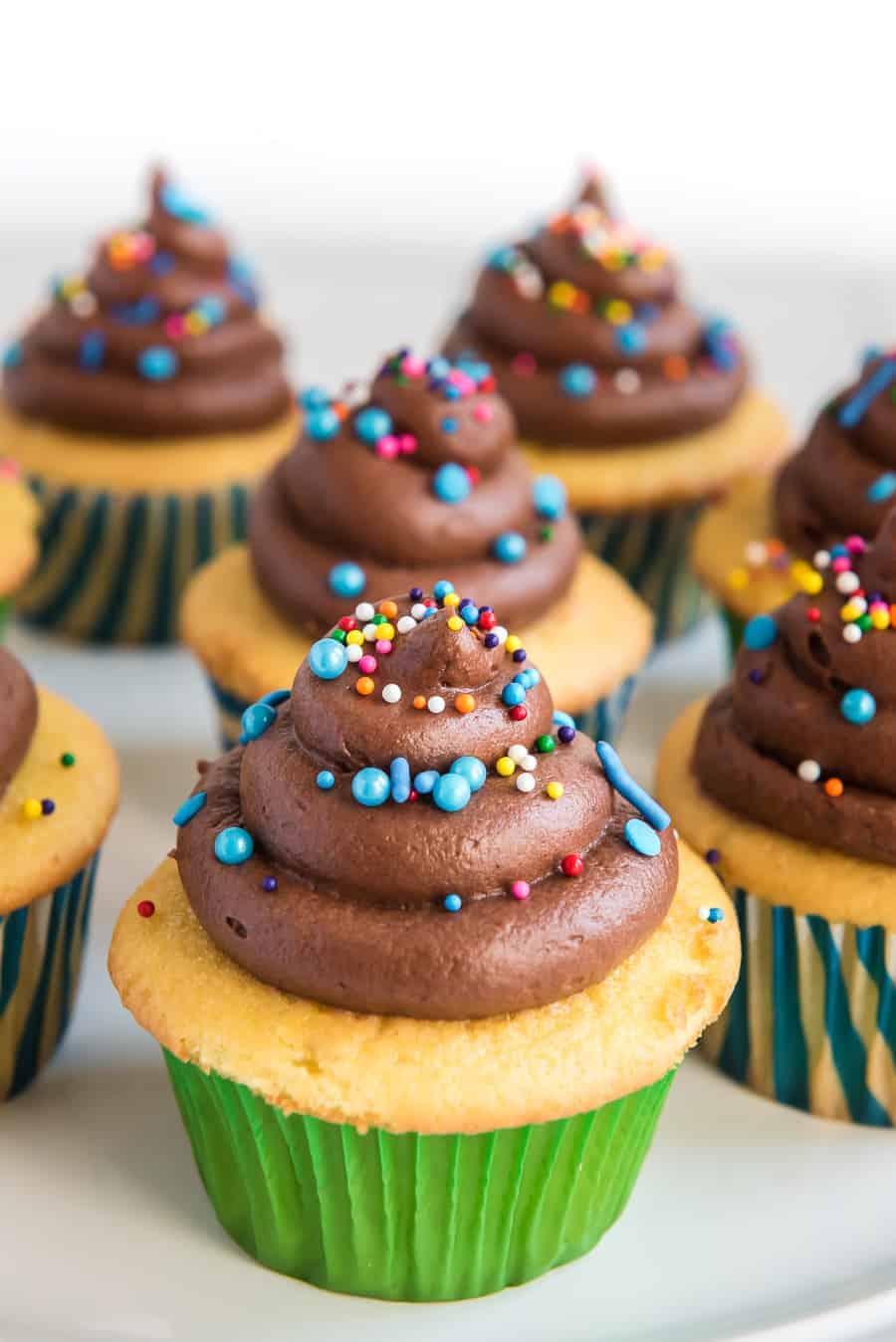 Vanilla cupcakes with chocolate buttercream frosting and rainbow sprinkles.