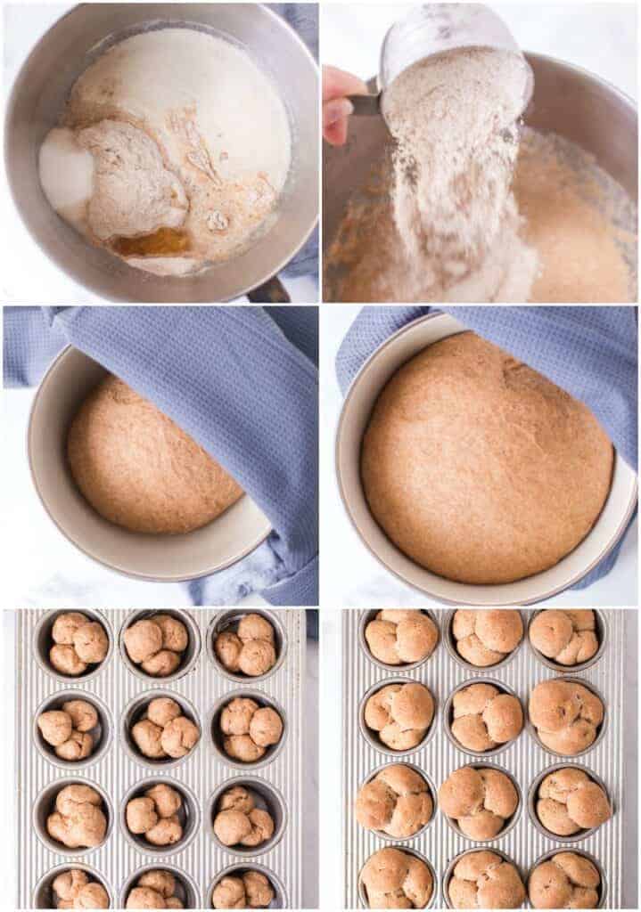 6 photo collage of how to make whole wheat clover dinner rolls