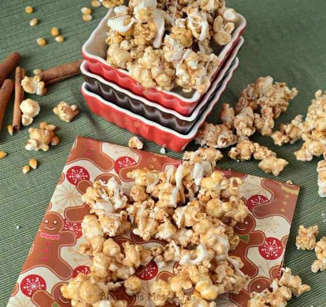 cinnamon caramel corn with white chocolate and pecans