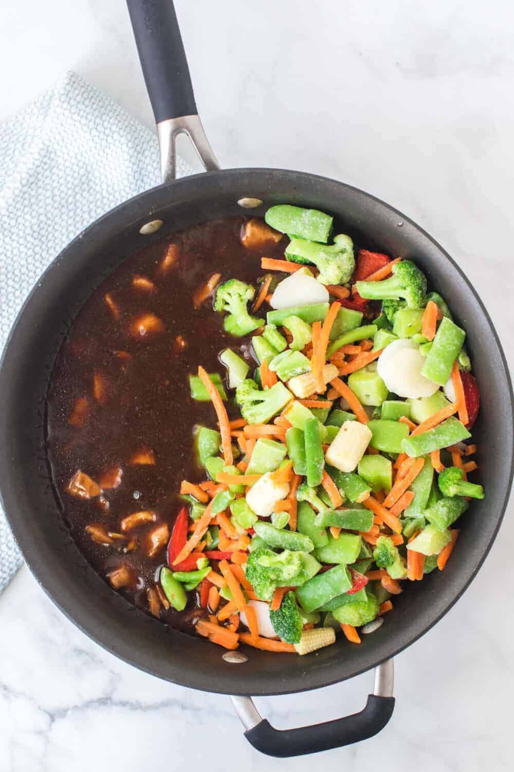 stir fried sticky saucy chicken and veggies in a pan top view