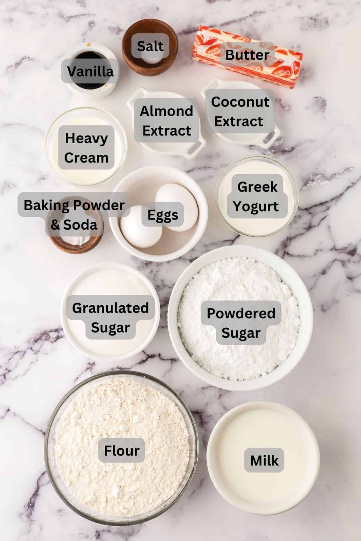 Digitally labeled ingredients in bowls for vanilla cupcakes.