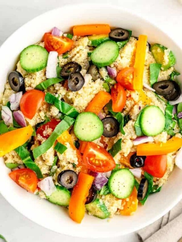 top view of a bowl of quinoa salad