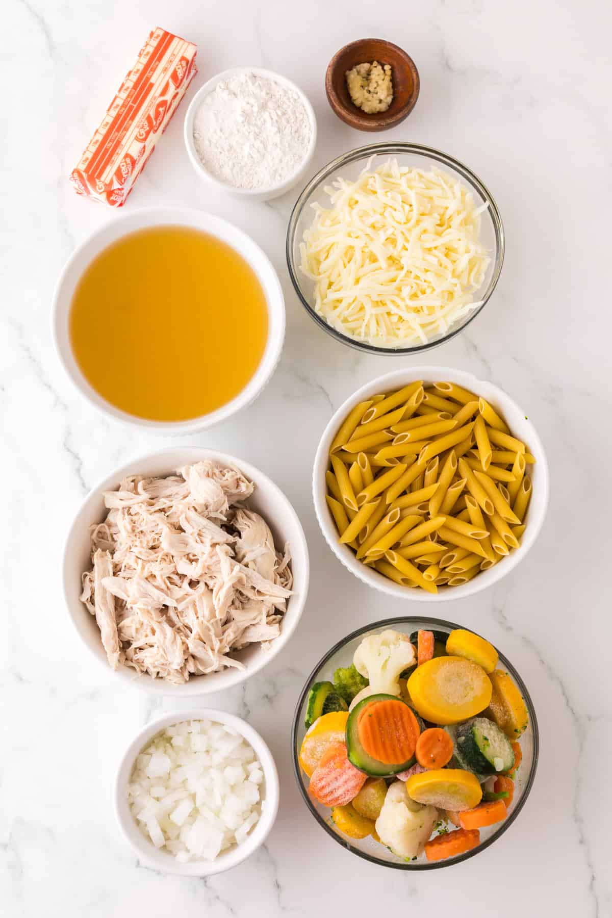 Ingredients for chicken and vegetable bake.