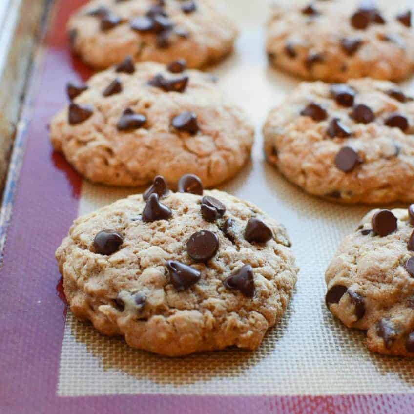 chocolate chip cookies on baking sheet.