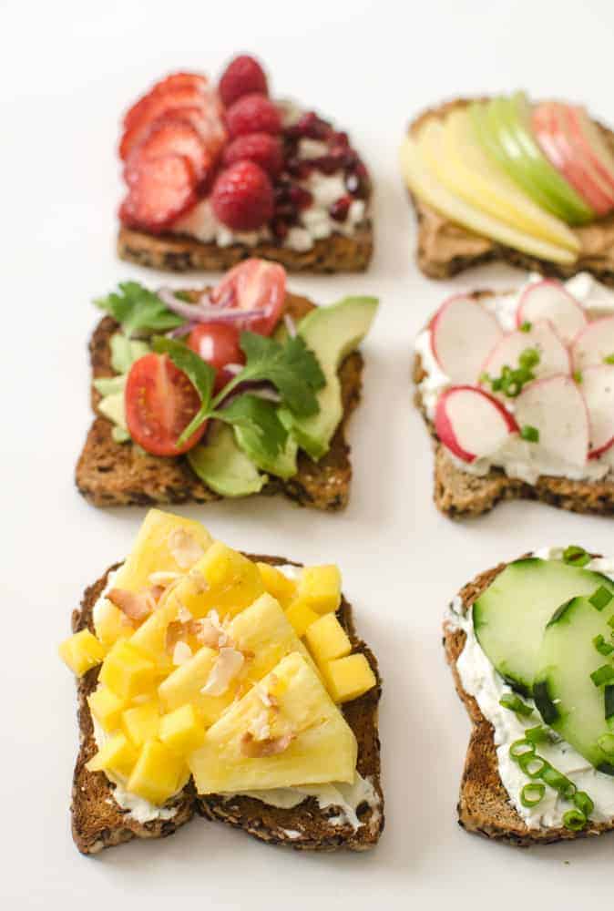 6 of the 9 simple healthy toast ideas on a white background. 