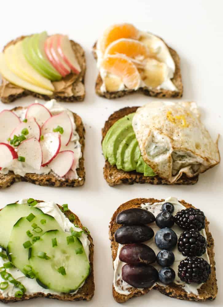 6 of the 9 simple healthy toast ideas on a white background. 