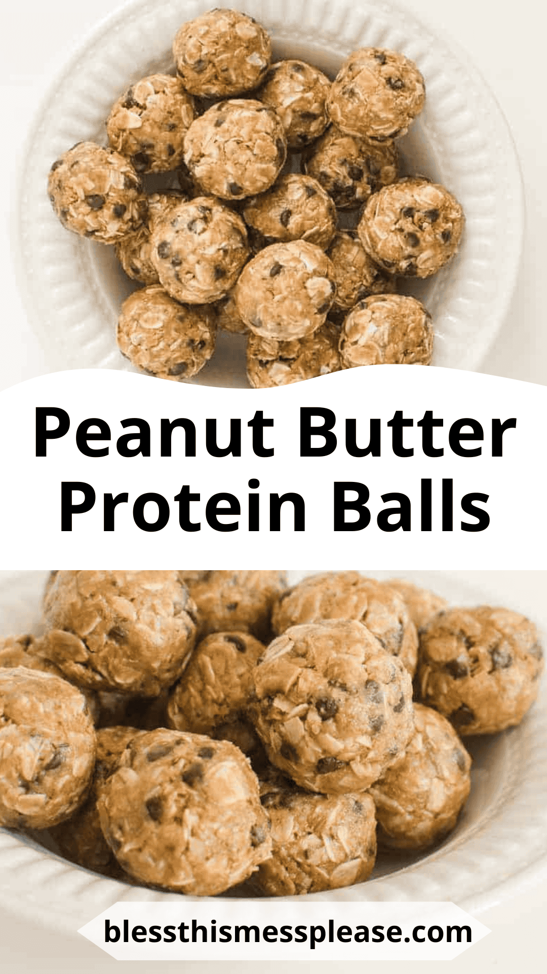 A bowl of delectable peanut butter protein balls is artfully displayed on a white plate. The image prominently features the words Peanut Butter Protein Balls in bold, accompanied by the website address blessthismessplease.com below.