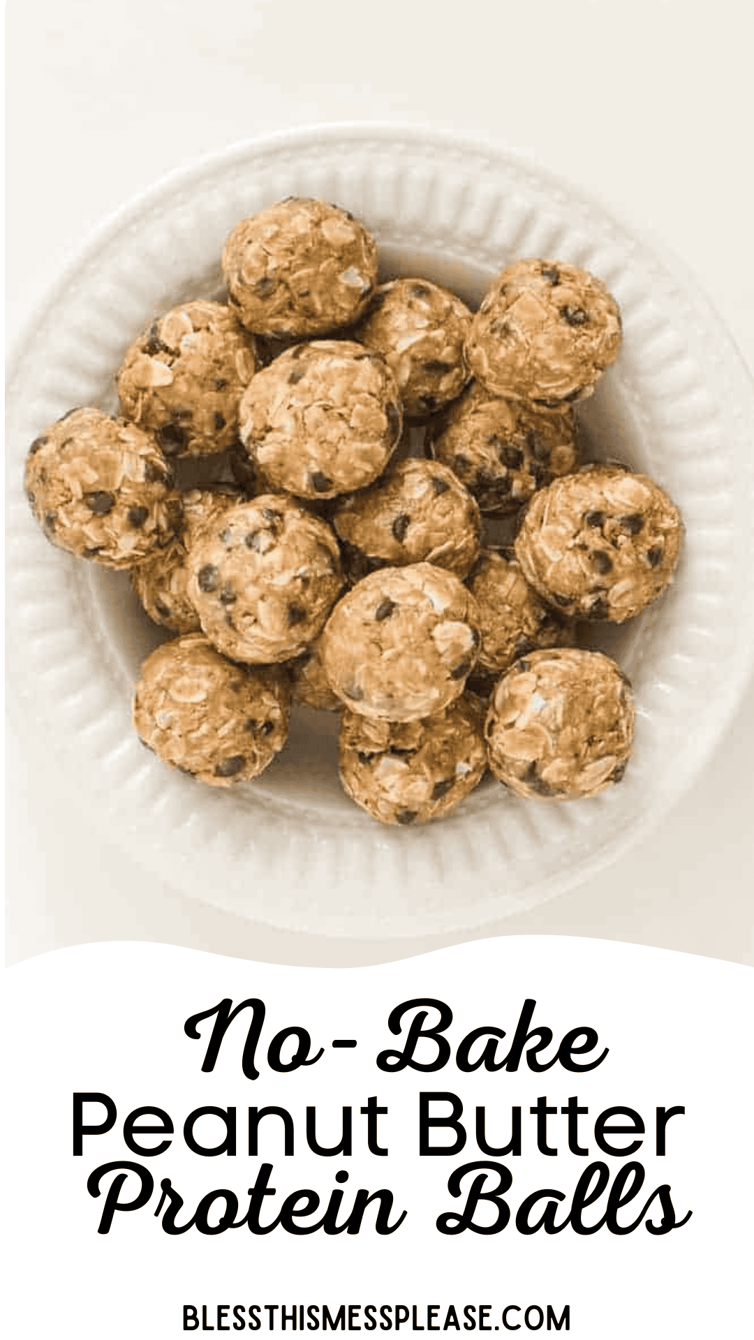 A plate of delicious no-bake peanut butter protein balls is arranged neatly. These round snacks are speckled with chocolate chips and oats. Text at the bottom reads, No-Bake Peanut Butter Protein Balls with a website URL underneath.