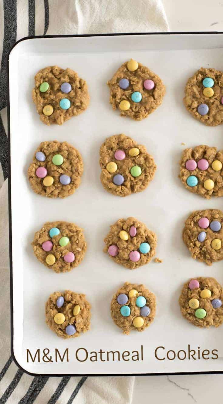 Homemade oatmeal cookies topped with colorful M&M candies to make the cutest cookies on the block; plus they taste great too! 