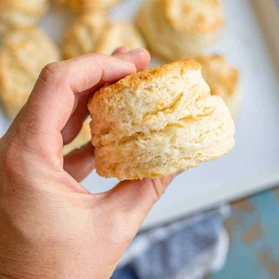 hand holding a biscuit so that you can see the flaky layers on the side.