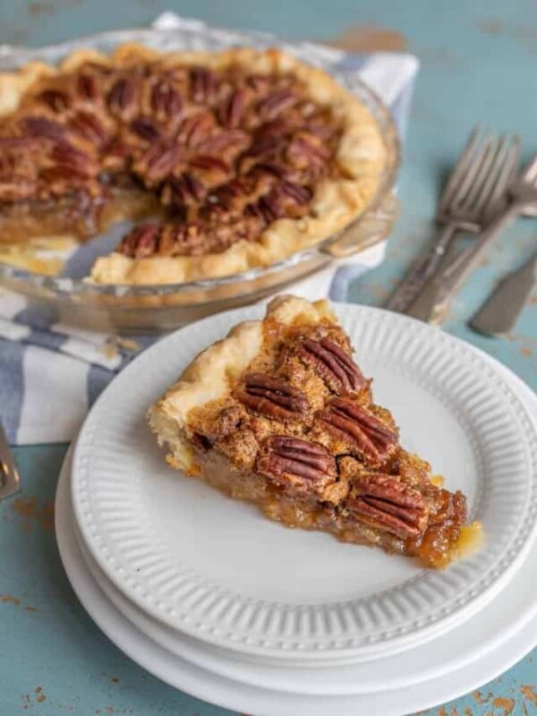 a slice of pecan pie on a plate