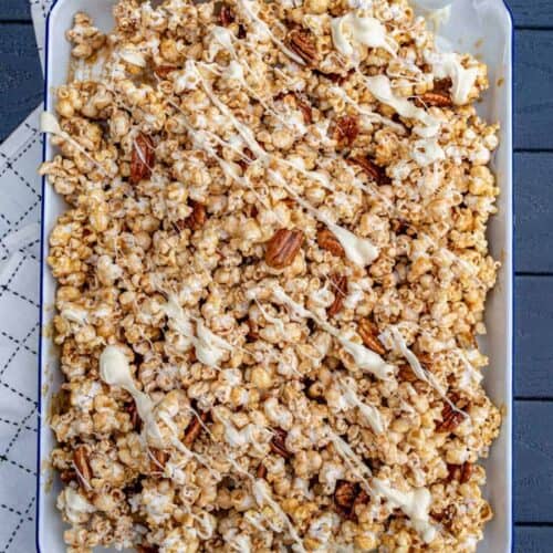 Cinnamon Caramel Corn With White Chocolate And Pecans Easy Snack