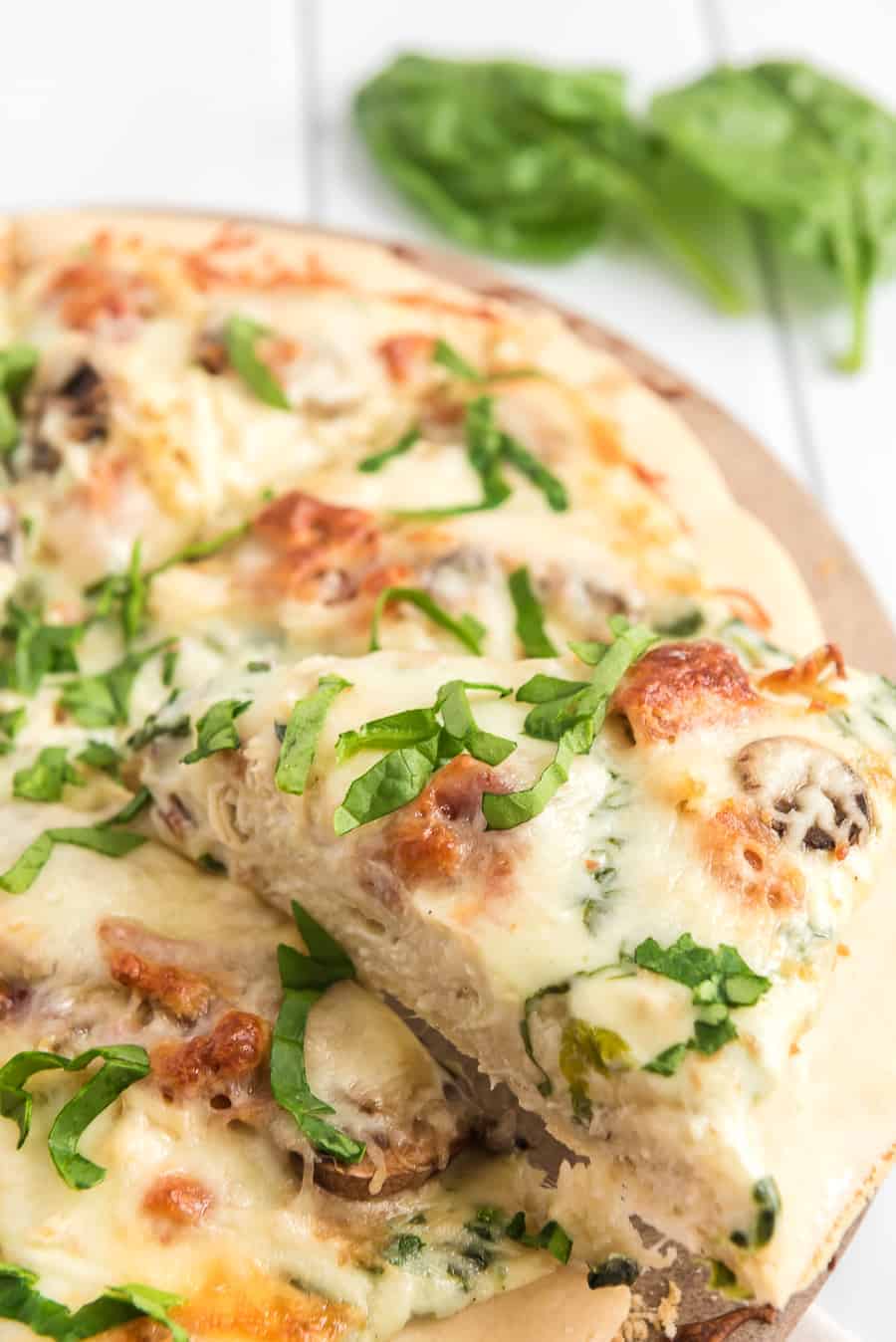 Chicken Bacon Mushroom Pizza with Creamy Spinach Sauce