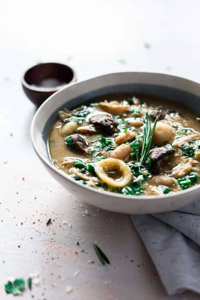 Italian chicken mushroom soup in a white bowl
