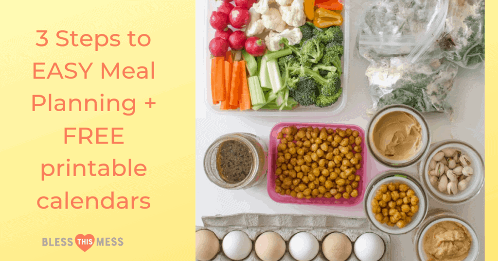 Meal planning doesn't require blood, sweat, and tears -- with my guide and free printable calendars, you can experience my busy-proof, tried-and-true 3 steps to EASY meal planning ASAP!