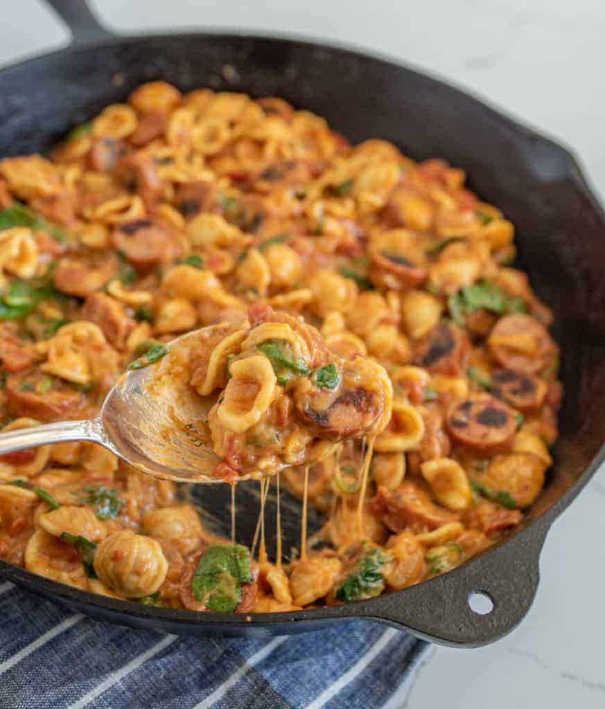 One Pot Cheesy Sausage Pasta — Bless This Mess