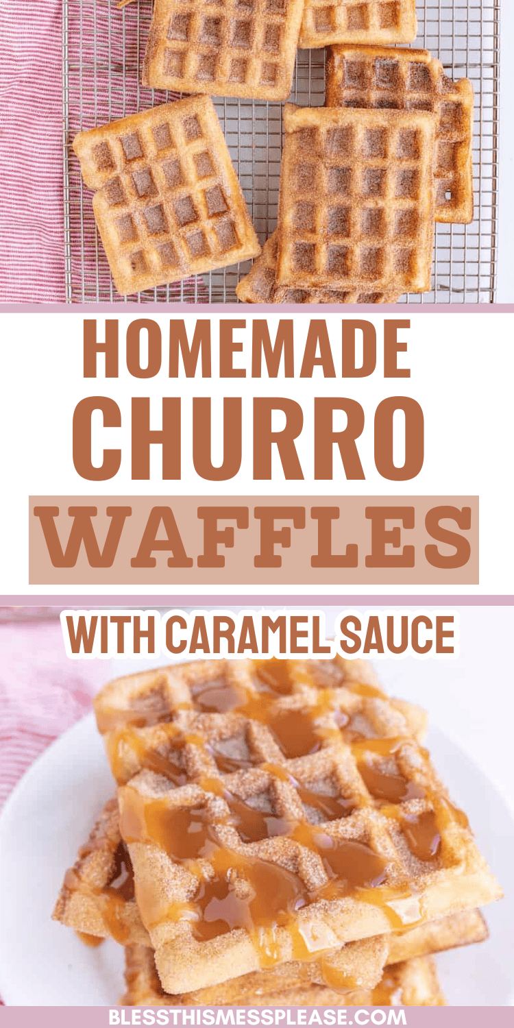 Churro waffles rest on a cooling rack and plate, drizzled with rich caramel sauce. Text reads, Indulge in Homemade Churro Waffles with Caramel Sauce.