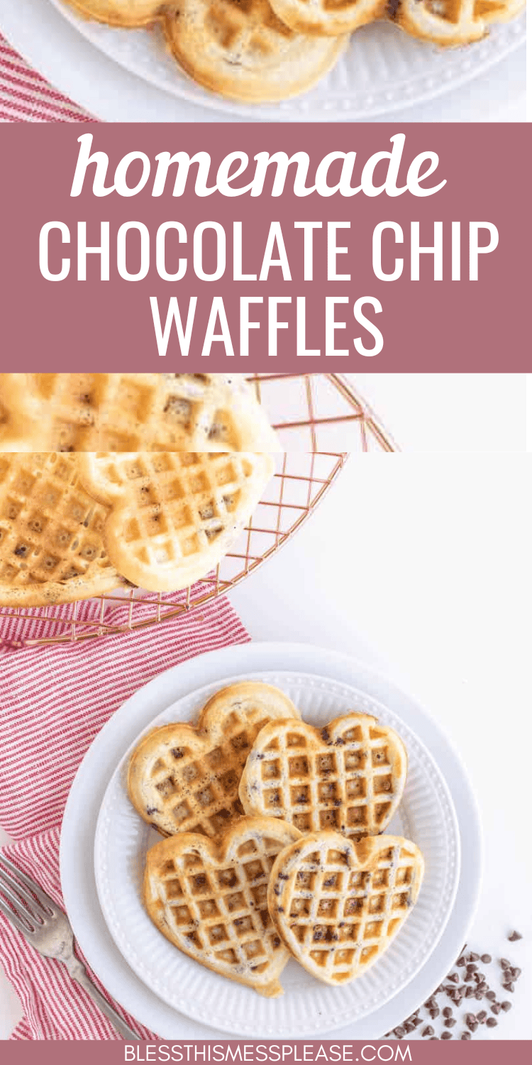 A plate of heart-shaped chocolate chip waffles sits on a red striped cloth. Above, homemade chocolate chip waffles is elegantly written on a pink background. To the side, a tempting pile of chocolate chips completes the scene.