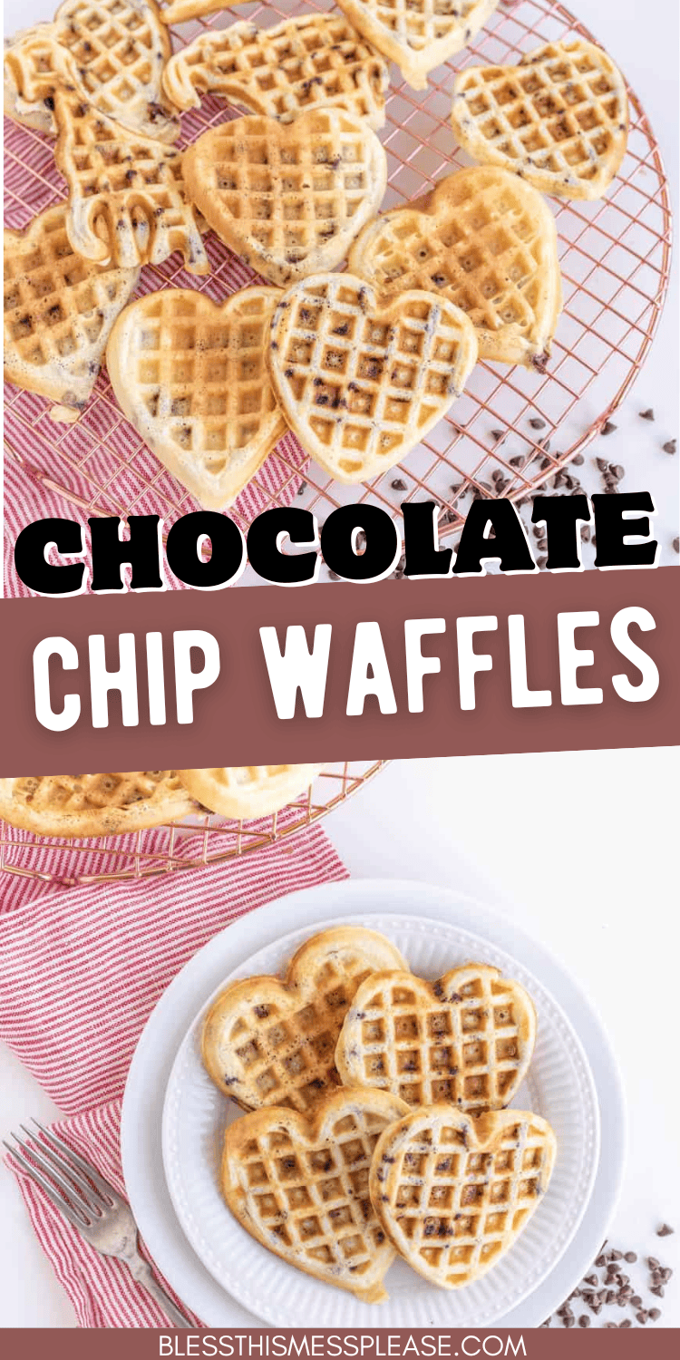 Heart-shaped chocolate chip waffles rest on a cooling rack and a white plate, atop a red-striped cloth. Text reads Chocolate Chip Waffles.