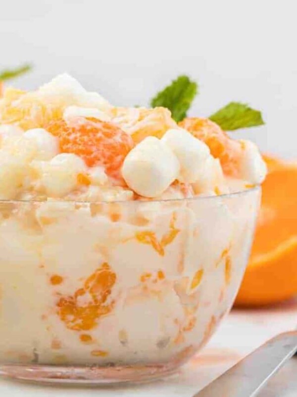 oranges and marshmallows in a "6 cup salad" in a glass dish