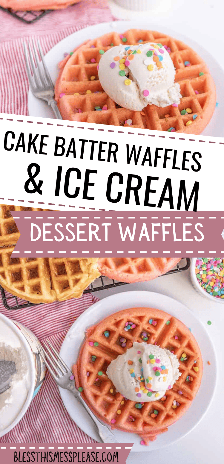 A plate with pink cake batter waffles topped with scoops of vanilla ice cream and colorful sprinkles. A fork rests on the plate, ready to indulge in the irresistible combination of waffles and ice cream. Additional sprinkles and a second waffle are visible in the background.