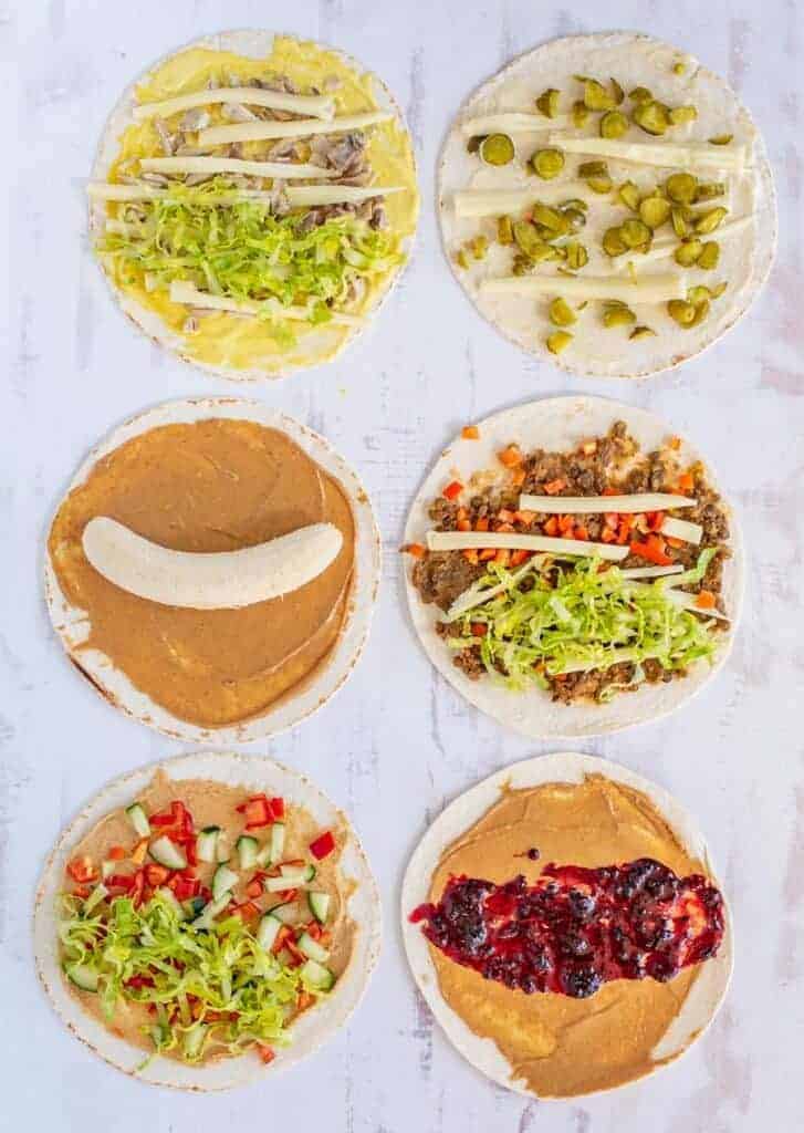 six different flour tortilla wraps with various fillings for different lunch recipes