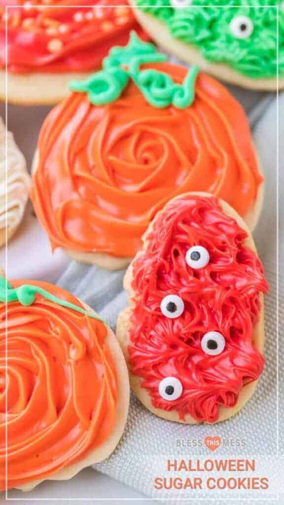text reads "halloween sugar cookies" with iced cookies in pumpkin and monster shapes