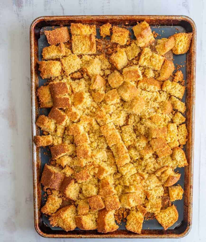 cornbread squares on baking dish