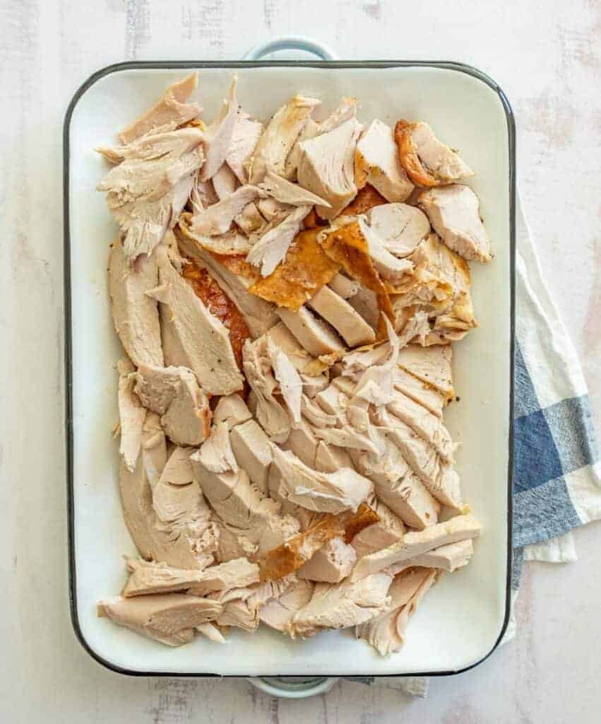 sliced roasted turkey in square white dish