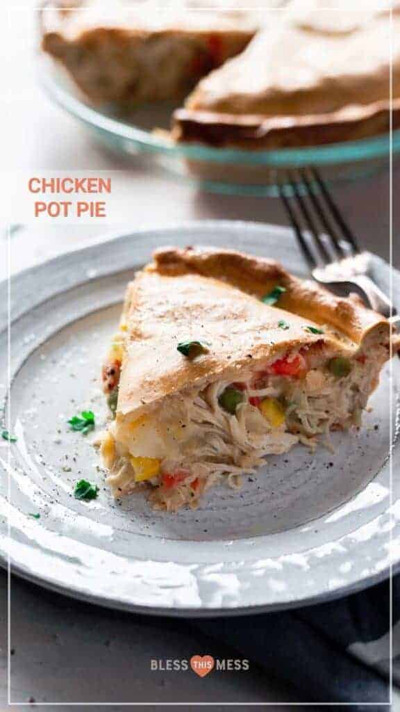 text reads "chicken pot pie" with a classic pie slice out on a plate