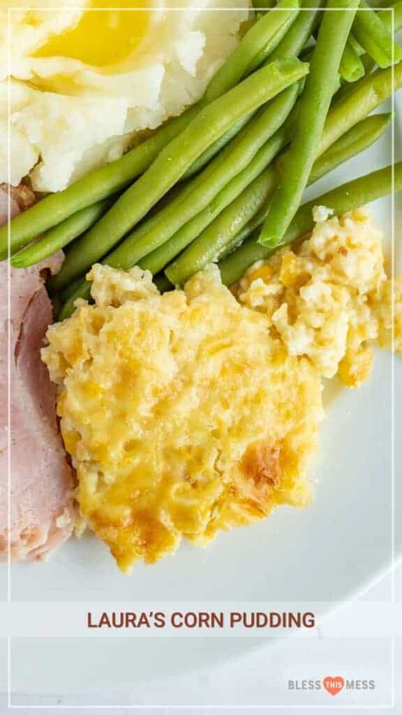 close up of corn pudding green beans an mashed potatoes