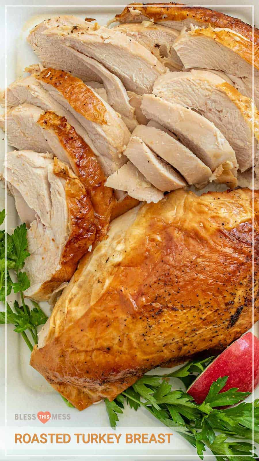This recipe for roast turkey breast is the perfect simple roasted turkey for a holiday entree that you can easily prep no matter how much cooking or hosting experience you have! It comes out juicy and buttery with a crispy skin every time. Whether you've hosted 20 Thanksgivings or this is your first holiday at your home, you'll love this simple roasted turkey breast recipe that has insanely good flavor and juicy, tender texture. #roastedturkey #turkey #turkeybreast #thanksgivingrecipes