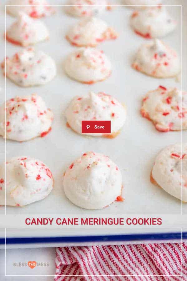 text reads "candy cane meringue cookies" meringue balls with broken candy cane pieces on them