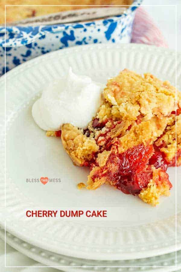 text reads "cherry dump cake" with a photo of a crumbling piece of pie on a white plate