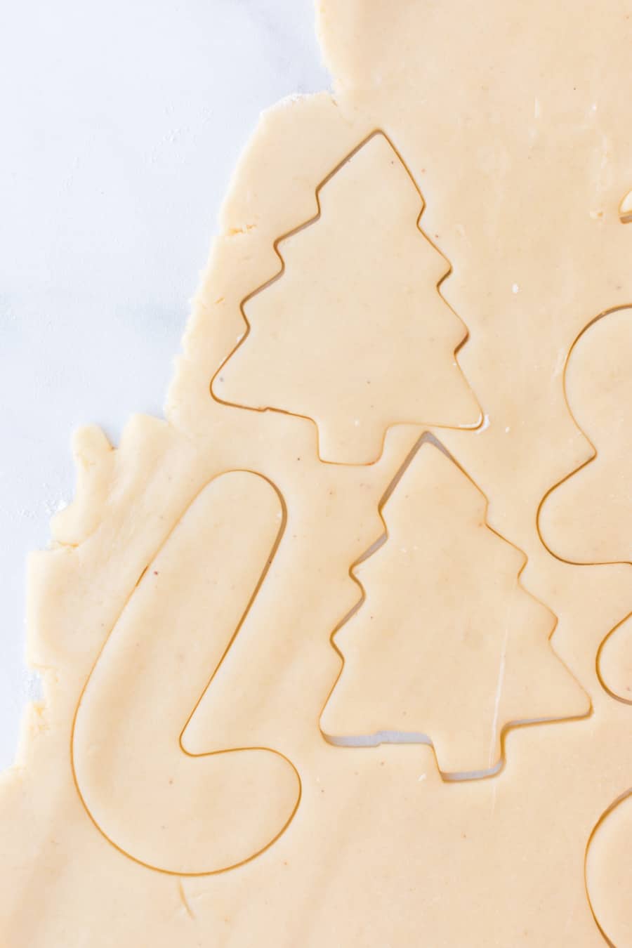Christmas cut outs in sugar cookie dough.