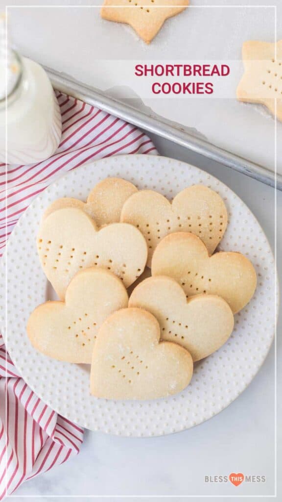 text reads "shortbread cookies" with a plate of heart shaped cookies