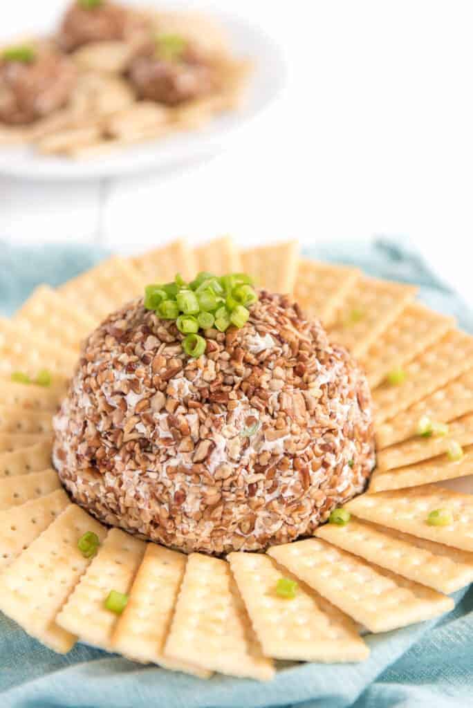meat and onion cheese ball in the center of a plate with butter crackers all around