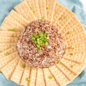 top view meat and onion cheese ball in the center of a plate with butter crackers all around
