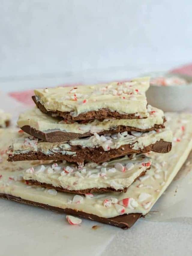 homemade pepermint back with chocolate on the bottom and the top is white chocolate and peppermint