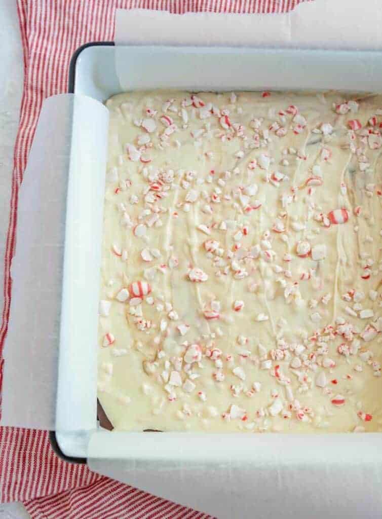 homemade pepermint back with chocolate on the bottom and the top is white chocolate and peppermint