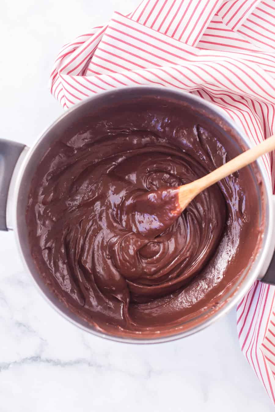 top view chocolate pudding in a mixing bowl.