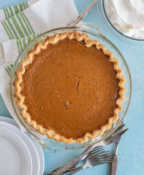 perfect homemade pumpkin pie, whole, top view