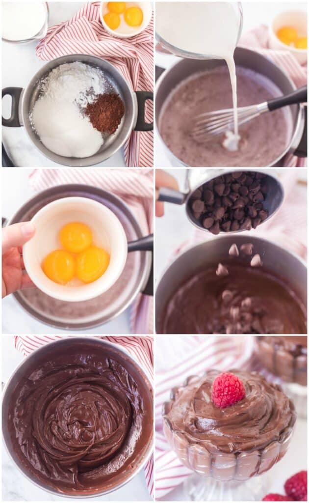 6 photo collage of making the chocolate pudding